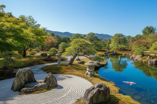 Tranquil, restful Japanese zen garden with a koi pond reflecting the blue sky and large boulders to recline on