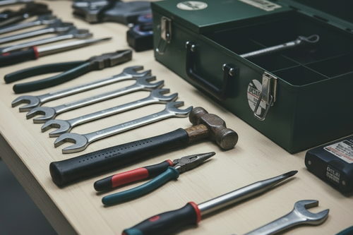 Assortment of handtools, next to a metal toolbox; symbolizing our emotional toolkit we all need to thrive in our lives. 