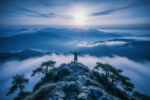 Person on a rocky summit's peak, with arms streched up triaumphantly, overlooking a mountain range with a blue haze, with japanese-looking trees nearby.