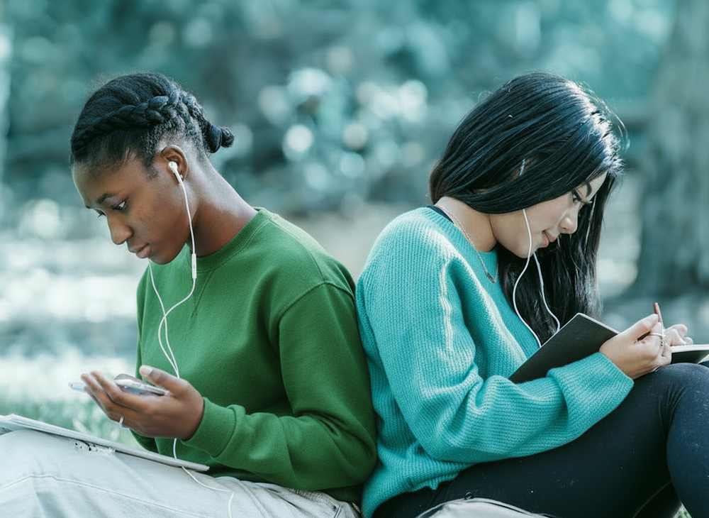 Two non-white young women sitting outdoors, journalling, both using headphones.